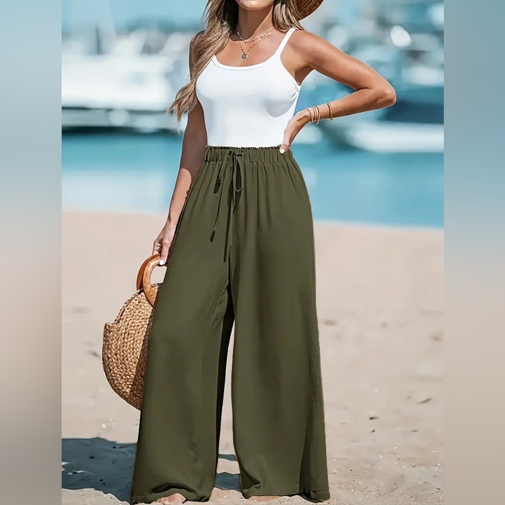 Long Length Elegant Wide Leg Pants - Soft Polyester, Fake Drawstring, Loose Fit